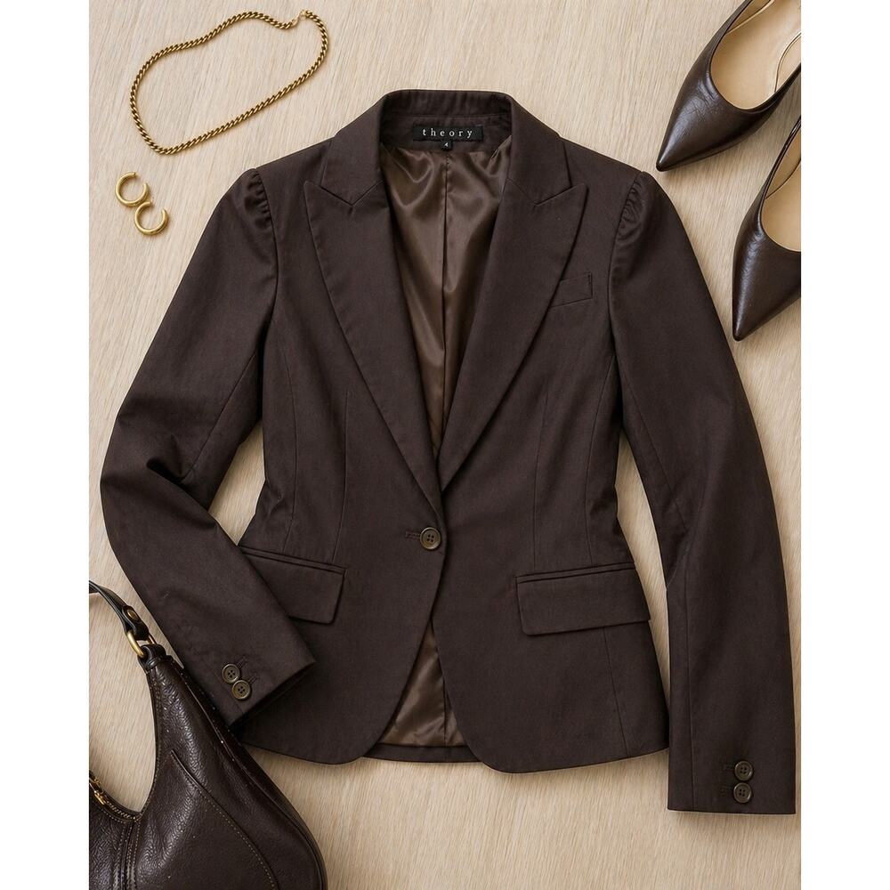 Theory Espresso Brown Tailored Blazer Size 4 Puff Shoulder Quiet Luxury